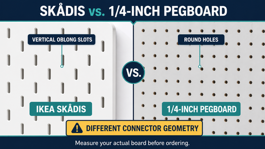 Comparison of IKEA SKÅDIS vertical slots and standard 1/4-inch pegboard round holes