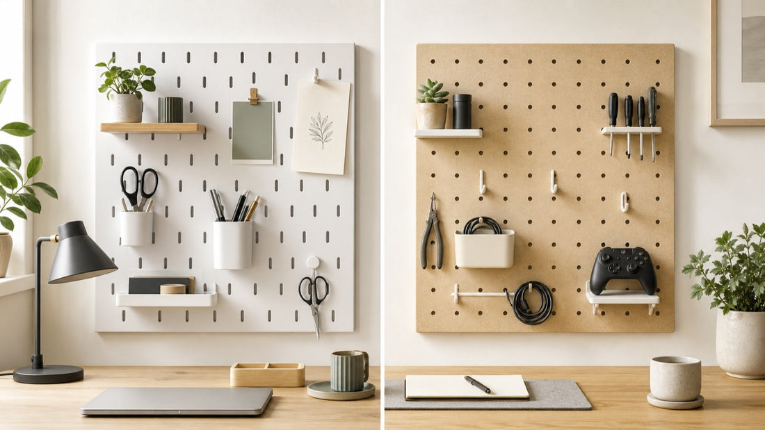 IKEA SKÅDIS-style vertical-slot pegboard beside a standard round-hole pegboard