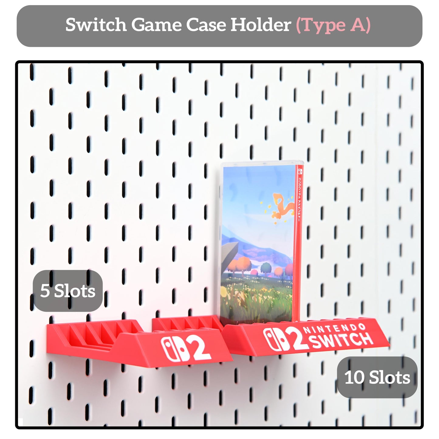 The Nexus for Nintendo Switch 2- Pegboard Organizer System, Featuring a Dock Shelf, Game Case Rack, and Controller Stand.
