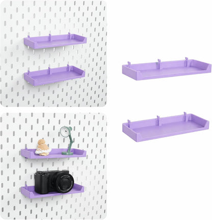 Violet Purple pegboard shelves with decor and a camera