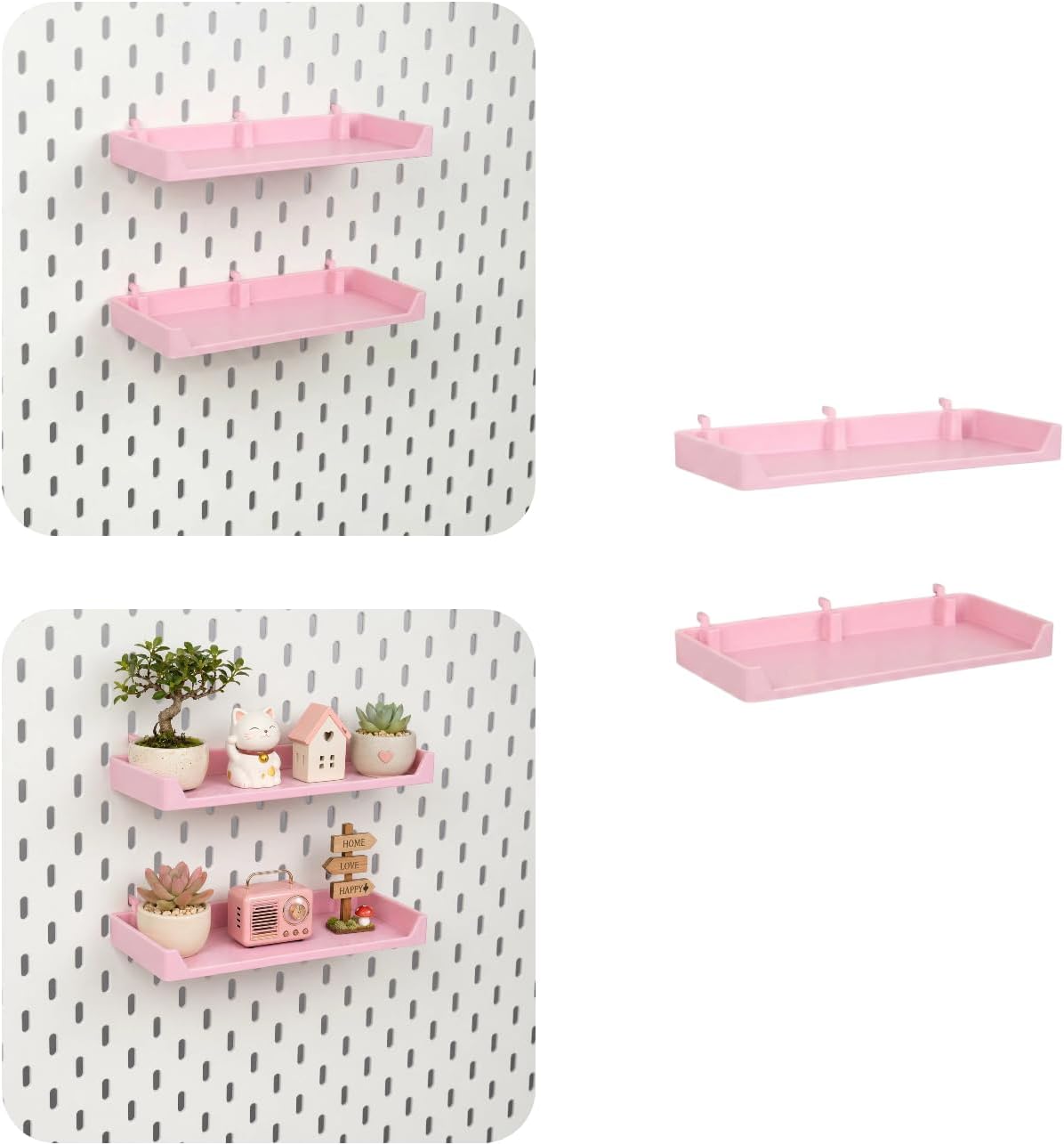 Cherry Blossom Pink pegboard shelves with plants and small decor