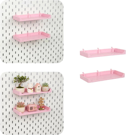 Cherry Blossom Pink pegboard shelves with plants and small decor