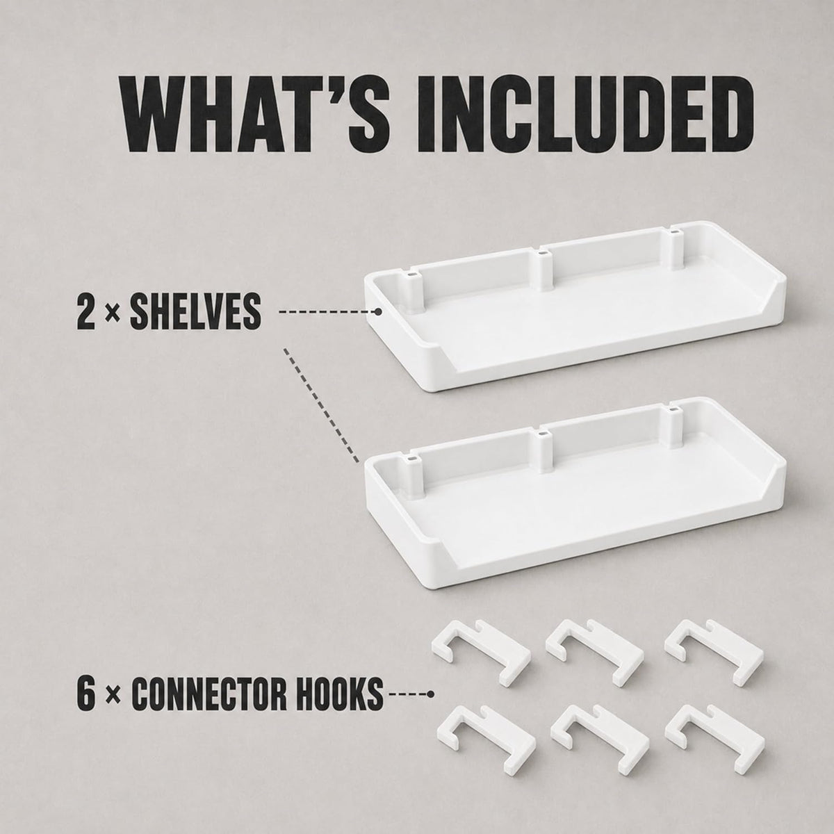 Two pegboard display shelves and six connector hooks included
