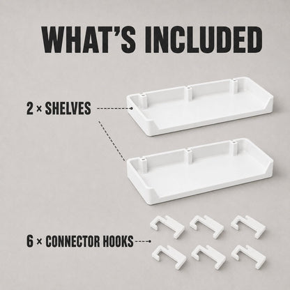 Two pegboard display shelves and six connector hooks included