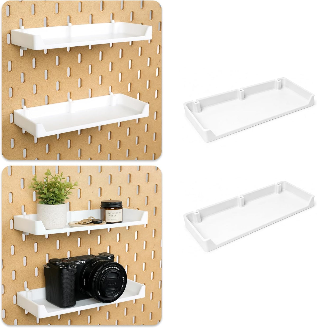 Two white pegboard shelves mounted with a plant, keys and camera