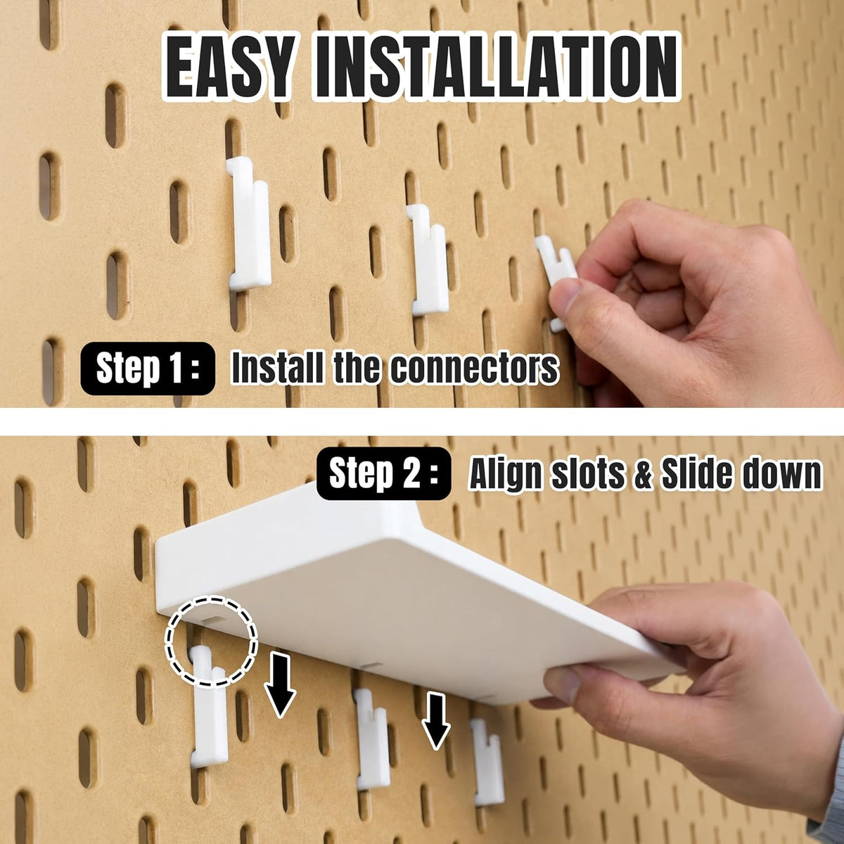 Two-step installation of connector hooks and shelf on a pegboard