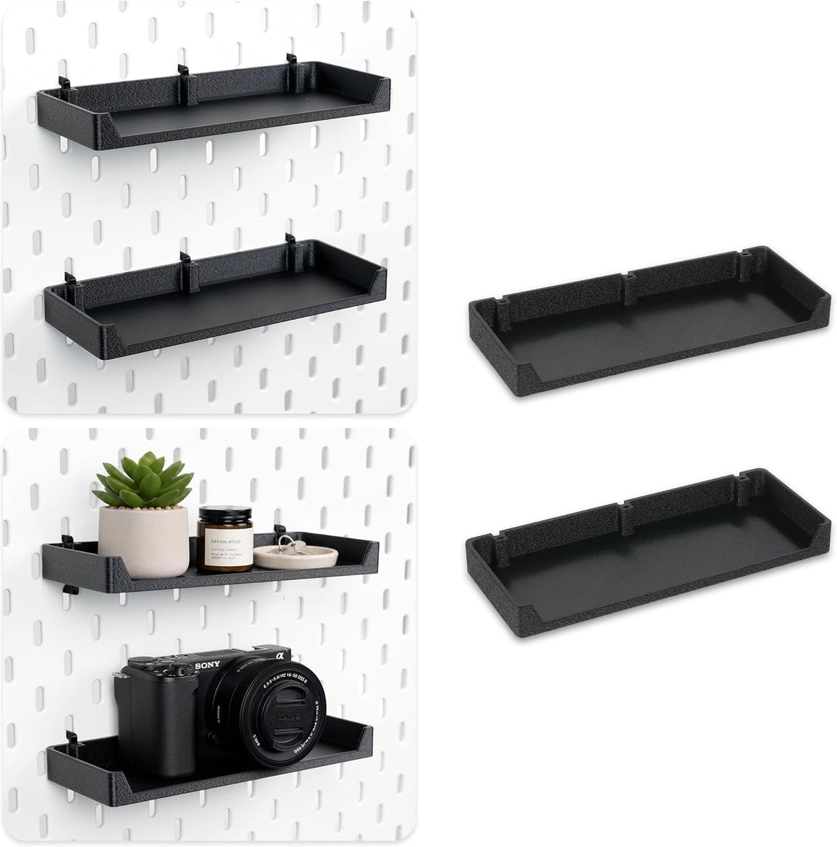 Black pegboard display shelves holding decor and a camera