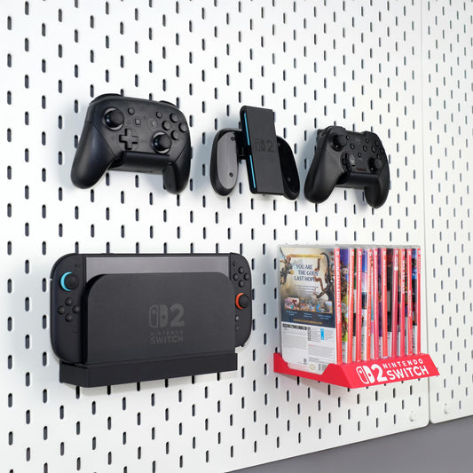The Nexus for Nintendo Switch 2- Pegboard Organizer System, Featuring a Dock Shelf, Game Case Rack, and Controller Stand.