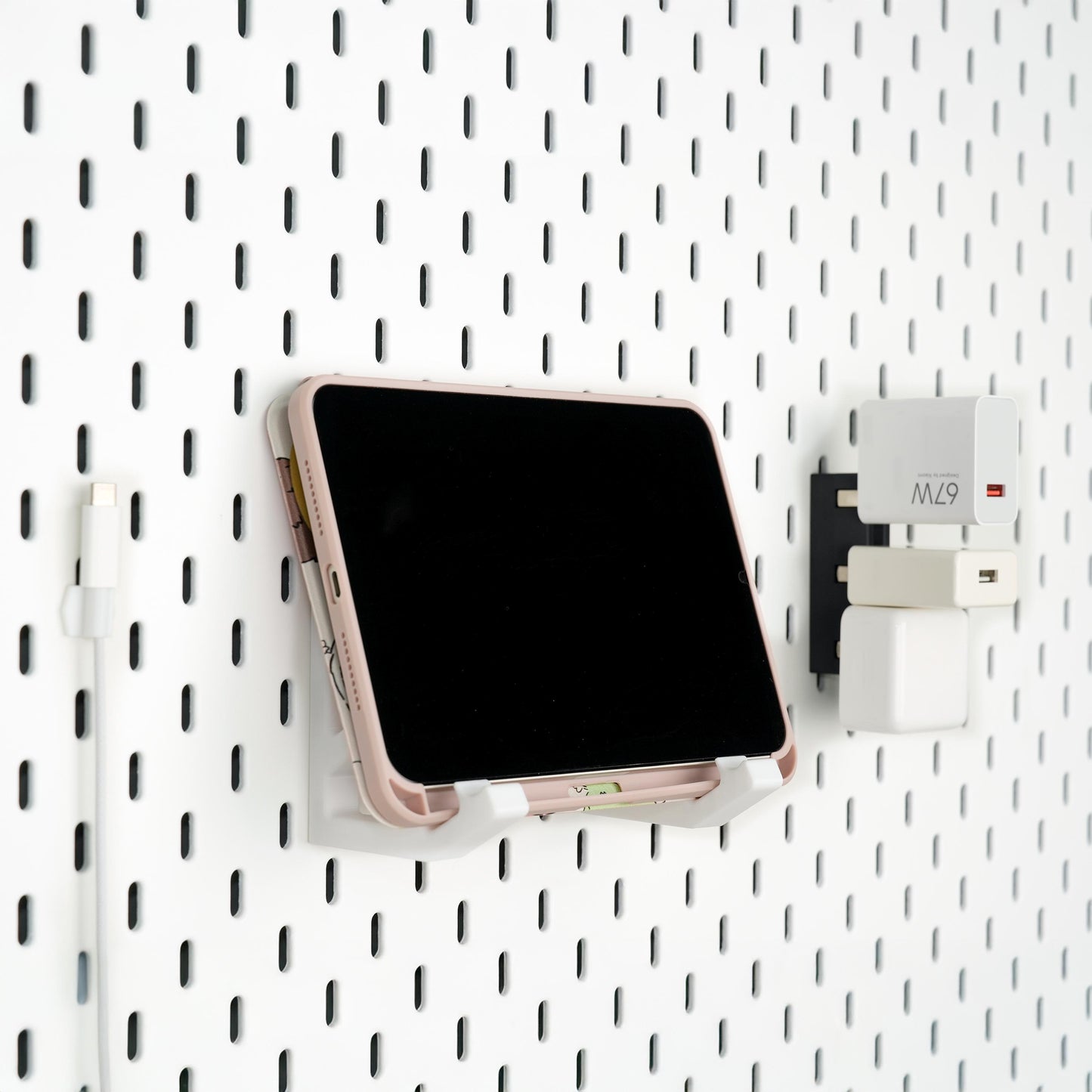 Pegboard iPad Holder – Wall Mount Tablet Stand with Charger Storage & Cable Organizer