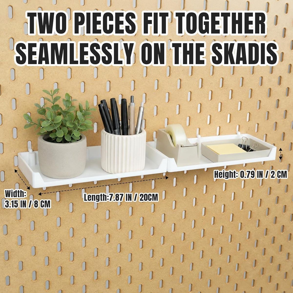 Two pegboard shelves installed side by side with product dimensions