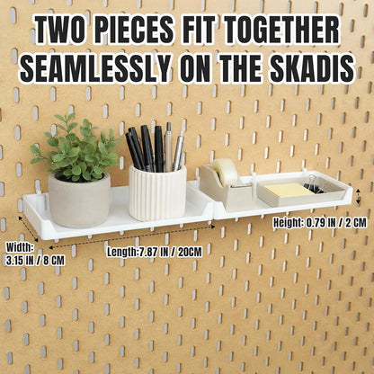 Two pegboard shelves installed side by side with product dimensions