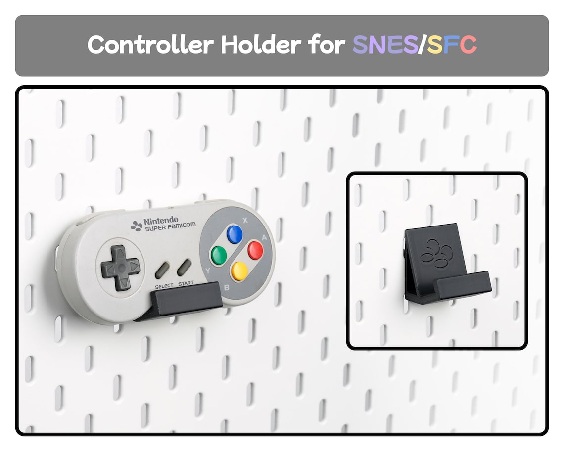 SNES and Super Famicom pegboard controller holder shown with the controller and holder design