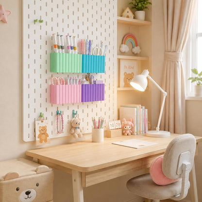 Wave M pen holders with built-in dividers in a craft room workspace