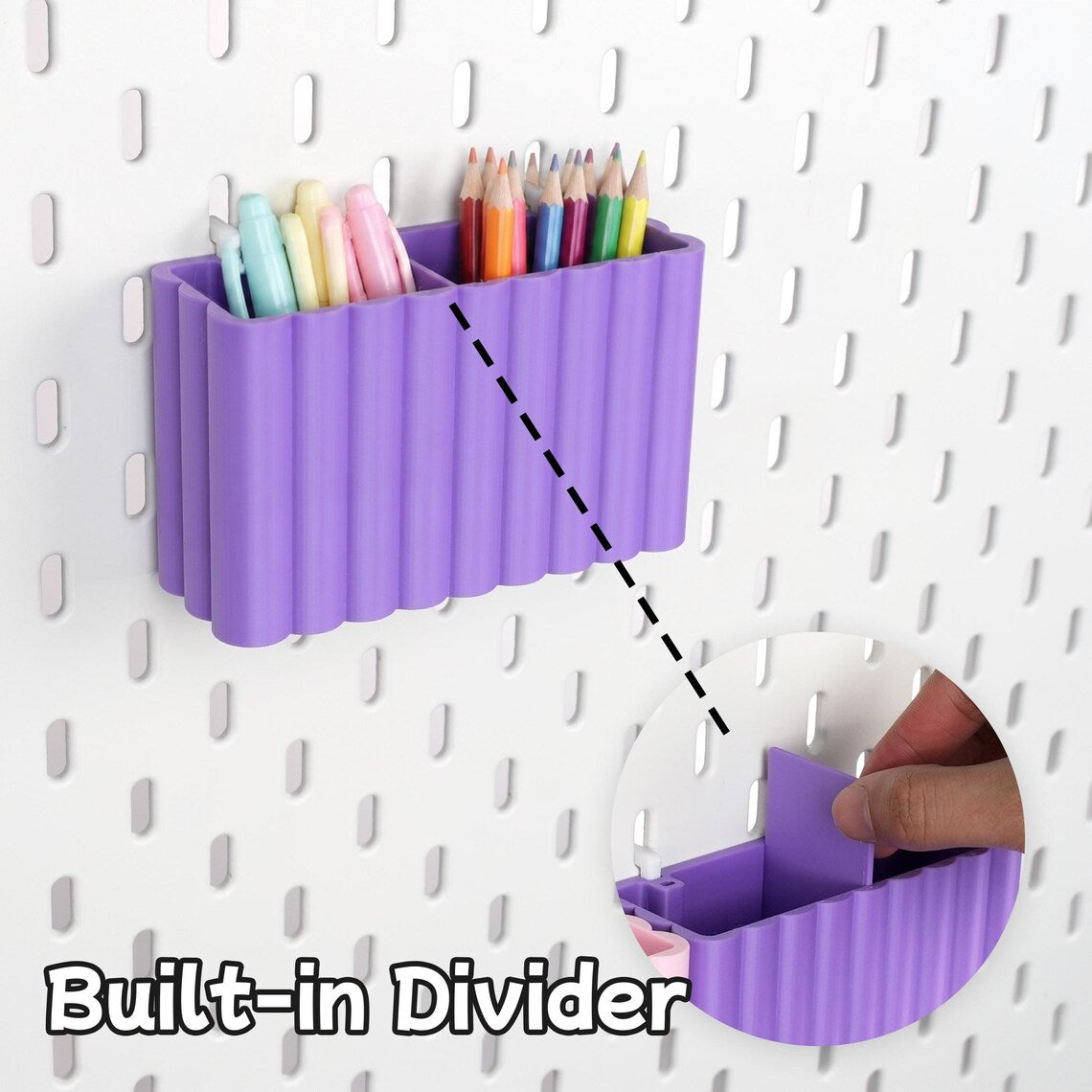 Purple Wave M pegboard pen holder showing the removable-style built-in divider
