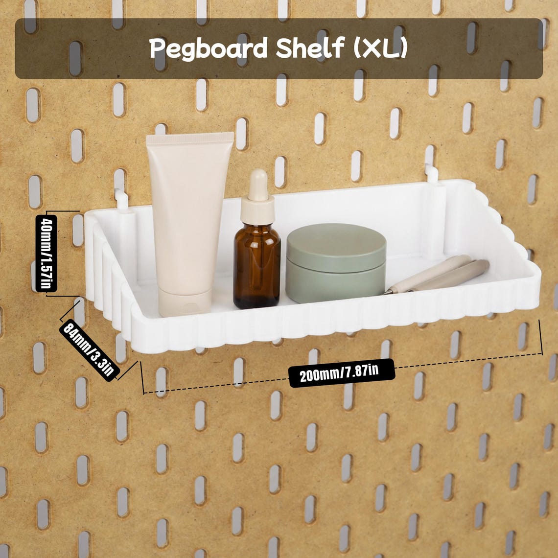 Extra-large white wave pegboard shelf measuring 7.87 by 3.31 by 1.57 inches