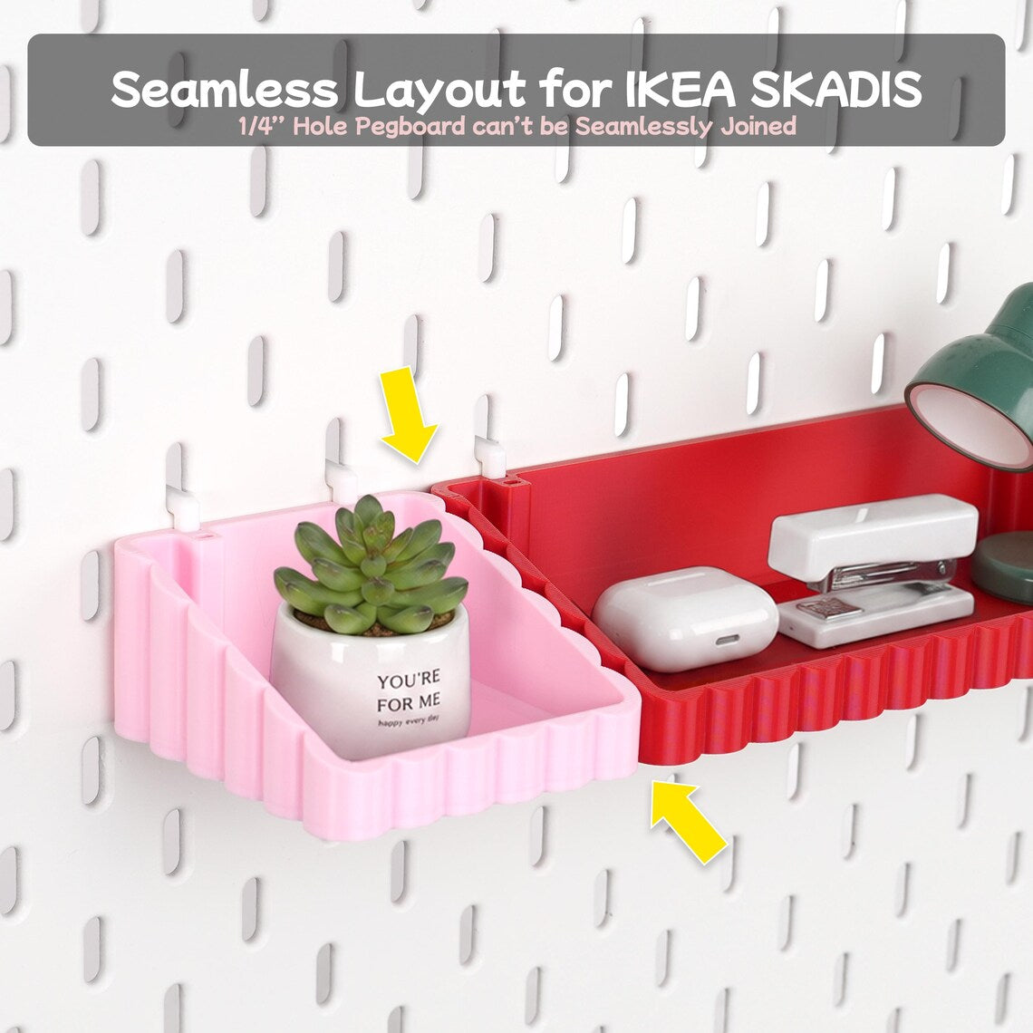 Wave pegboard storage shelves aligned side by side on IKEA SKÅDIS
