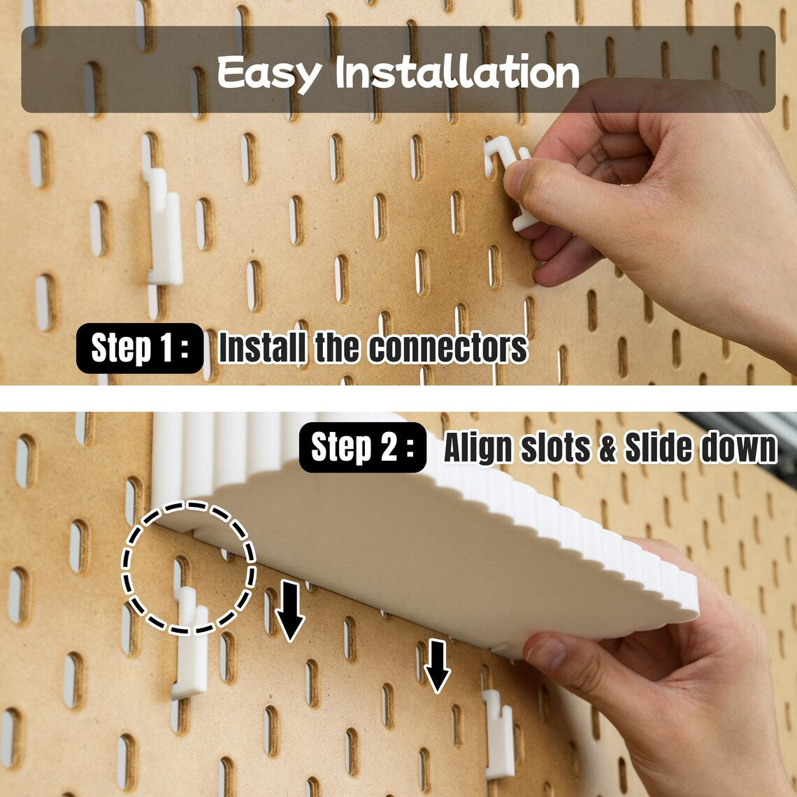 Two-step installation of connector hooks and wave shelf on a pegboard