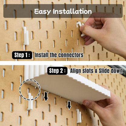 Two-step installation of connector hooks and wave shelf on a pegboard