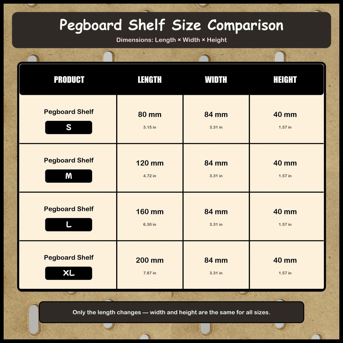 Size chart for S M L and XL wave pegboard storage shelves