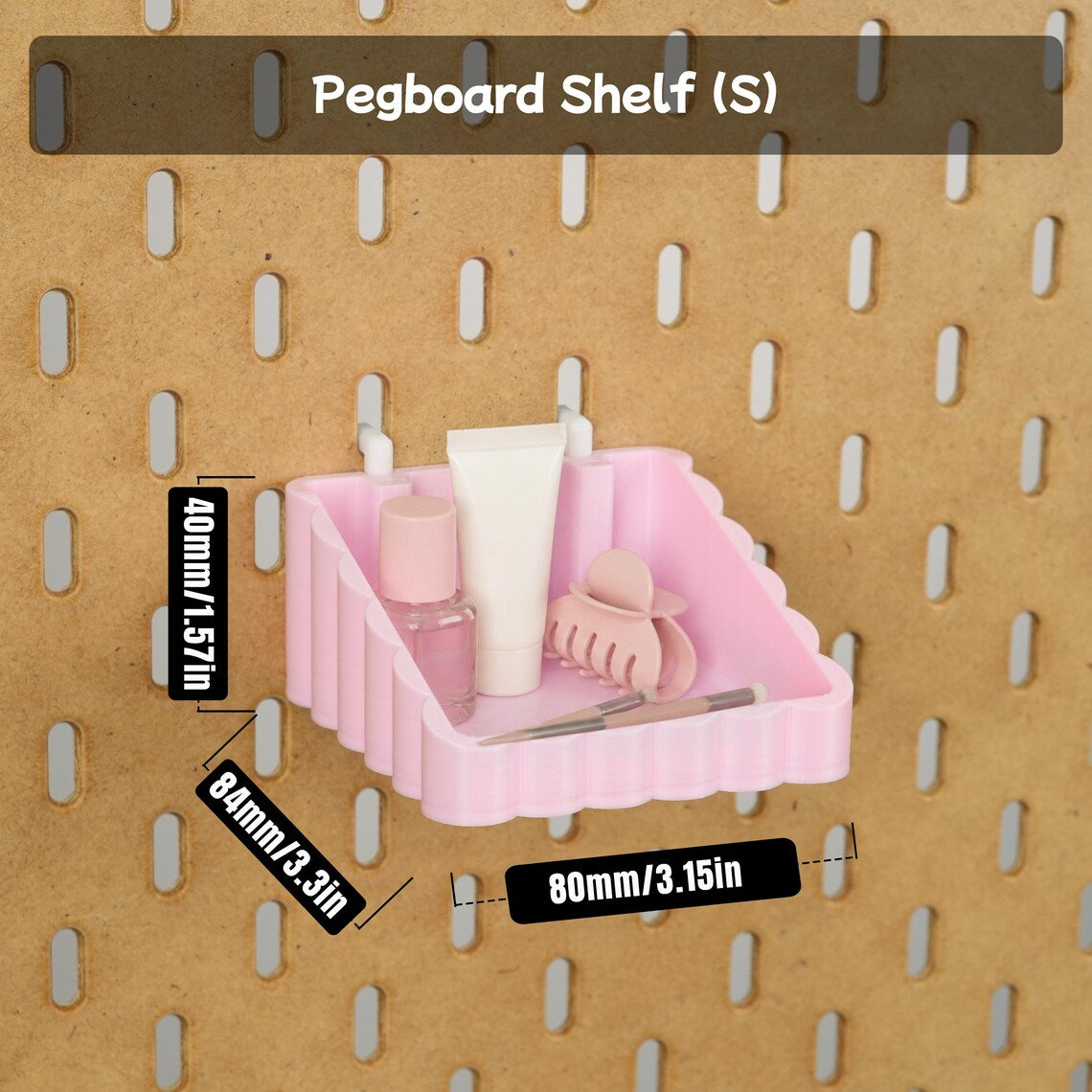 Small pink wave pegboard shelf measuring 3.15 by 3.31 by 1.57 inches