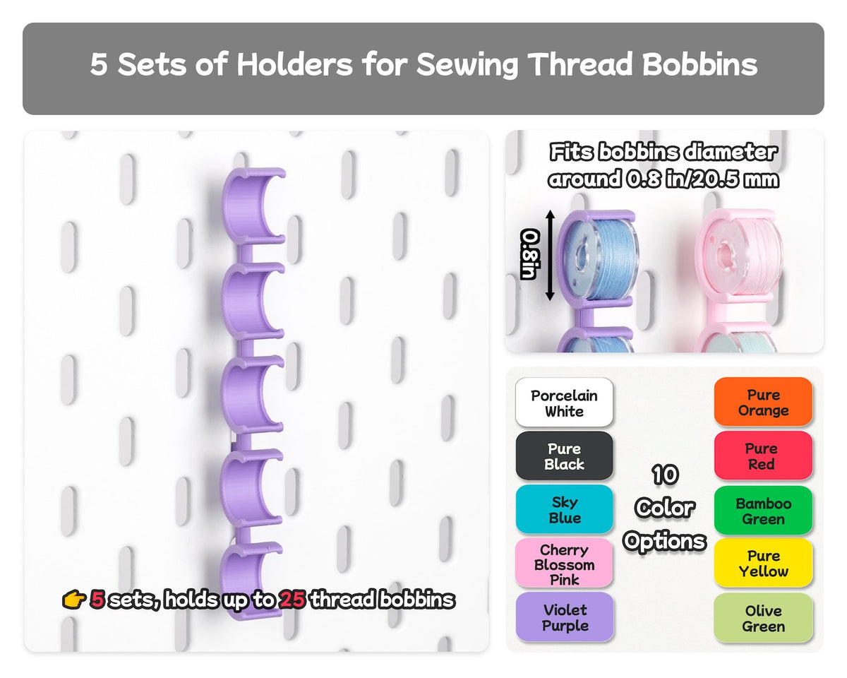 Five-piece pegboard bobbin holder size guide showing 20.5 mm fit and capacity for up to 25 bobbins
