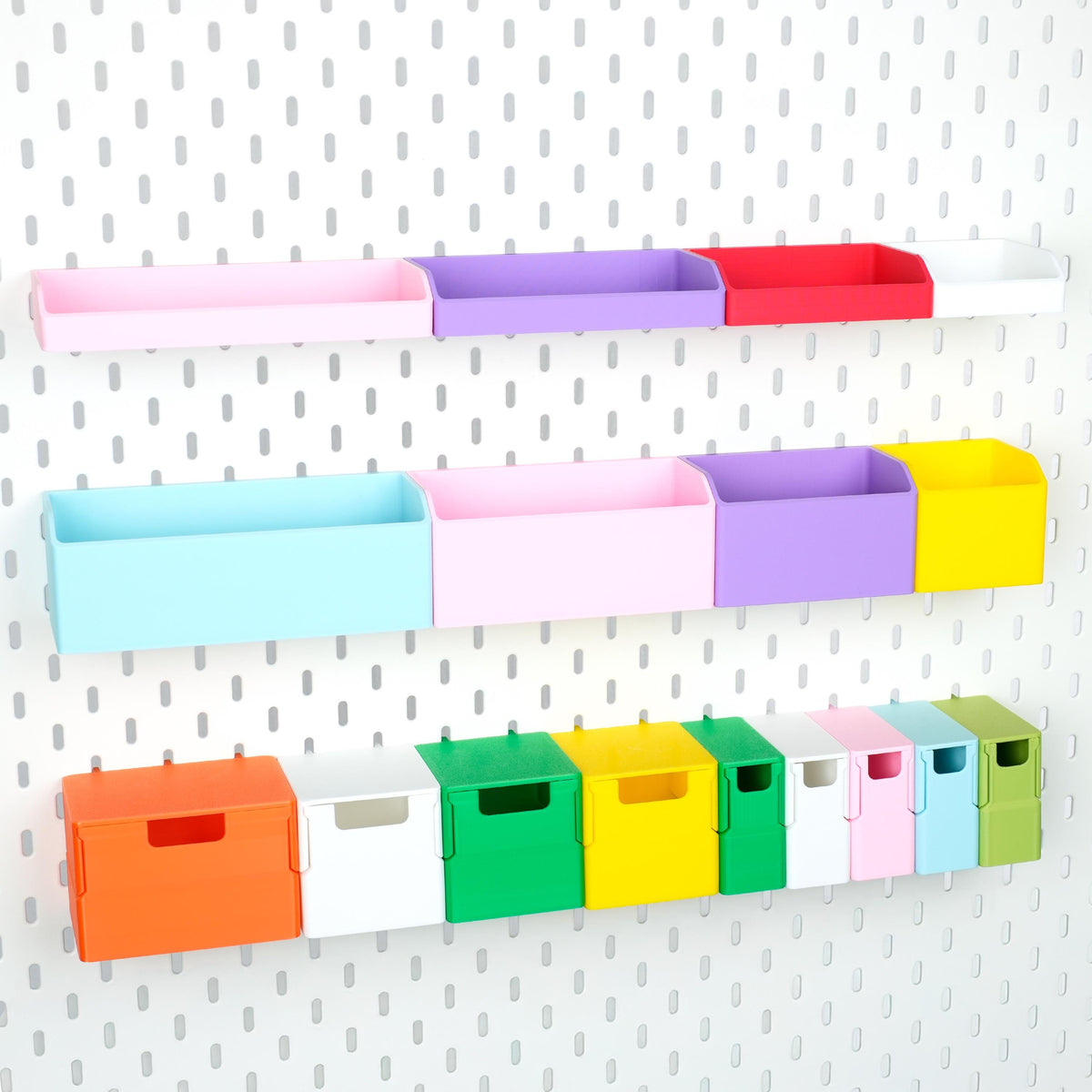 Pegboard storage bins trays and drawers