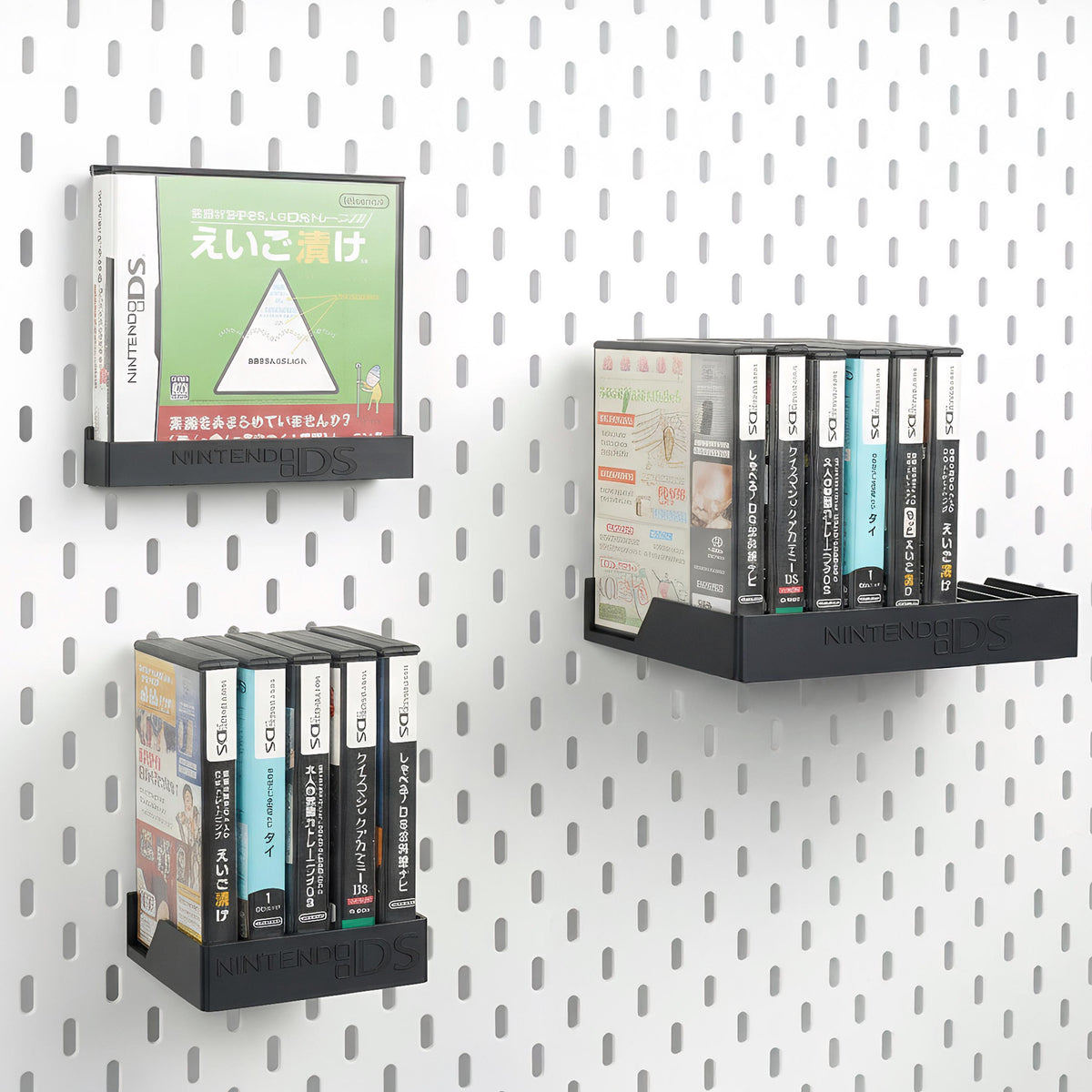 Game Case Display Holder for Nintendo DS – 1, 5 or 10 Slots displayed on a compatible pegboard