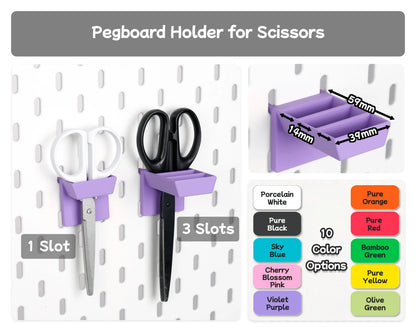 Purple single-slot and three-slot pegboard scissors holders with dimensions and ten color options
