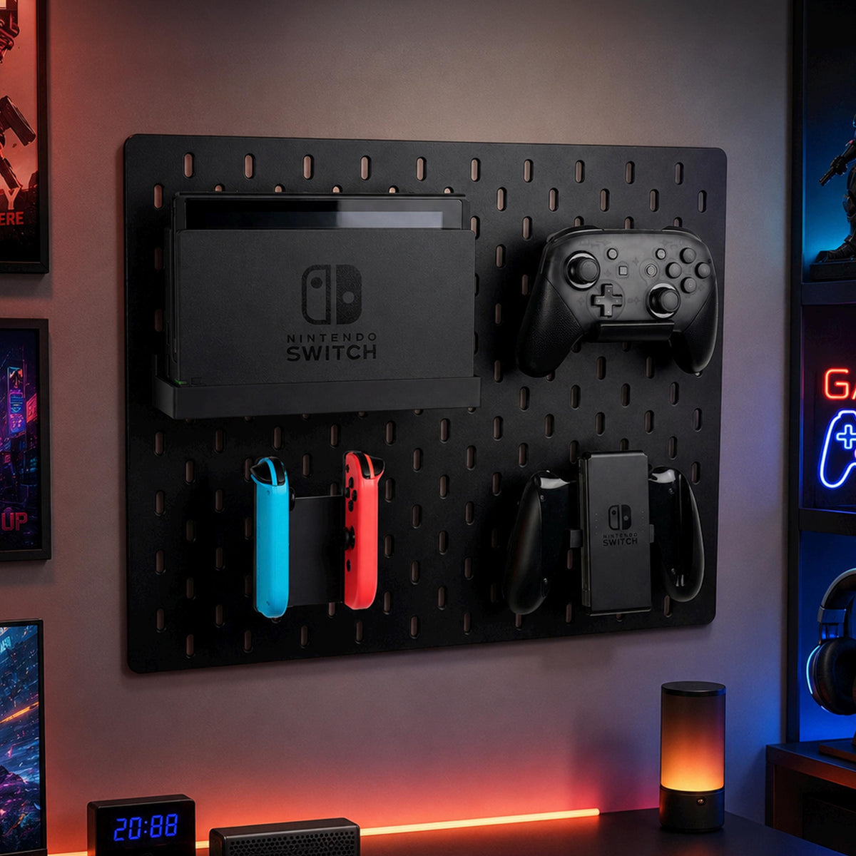 Pegboard Storage System for Nintendo Switch & OLED Model displayed on a compatible pegboard