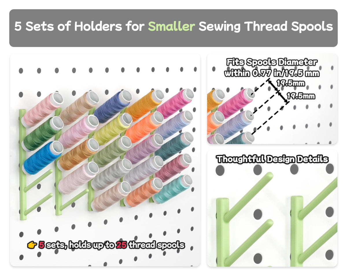Five pegboard thread spool holders with small and large size measurements for up to 25 spools