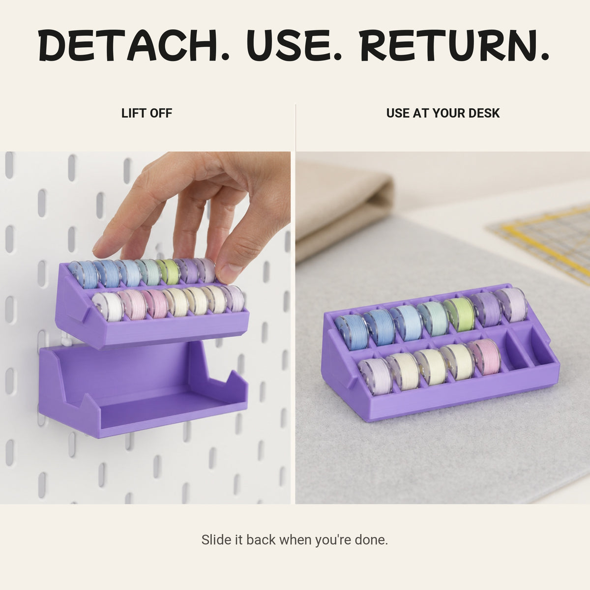 Removable bobbin tray lifted from its pegboard-mounted shell and used on a desk