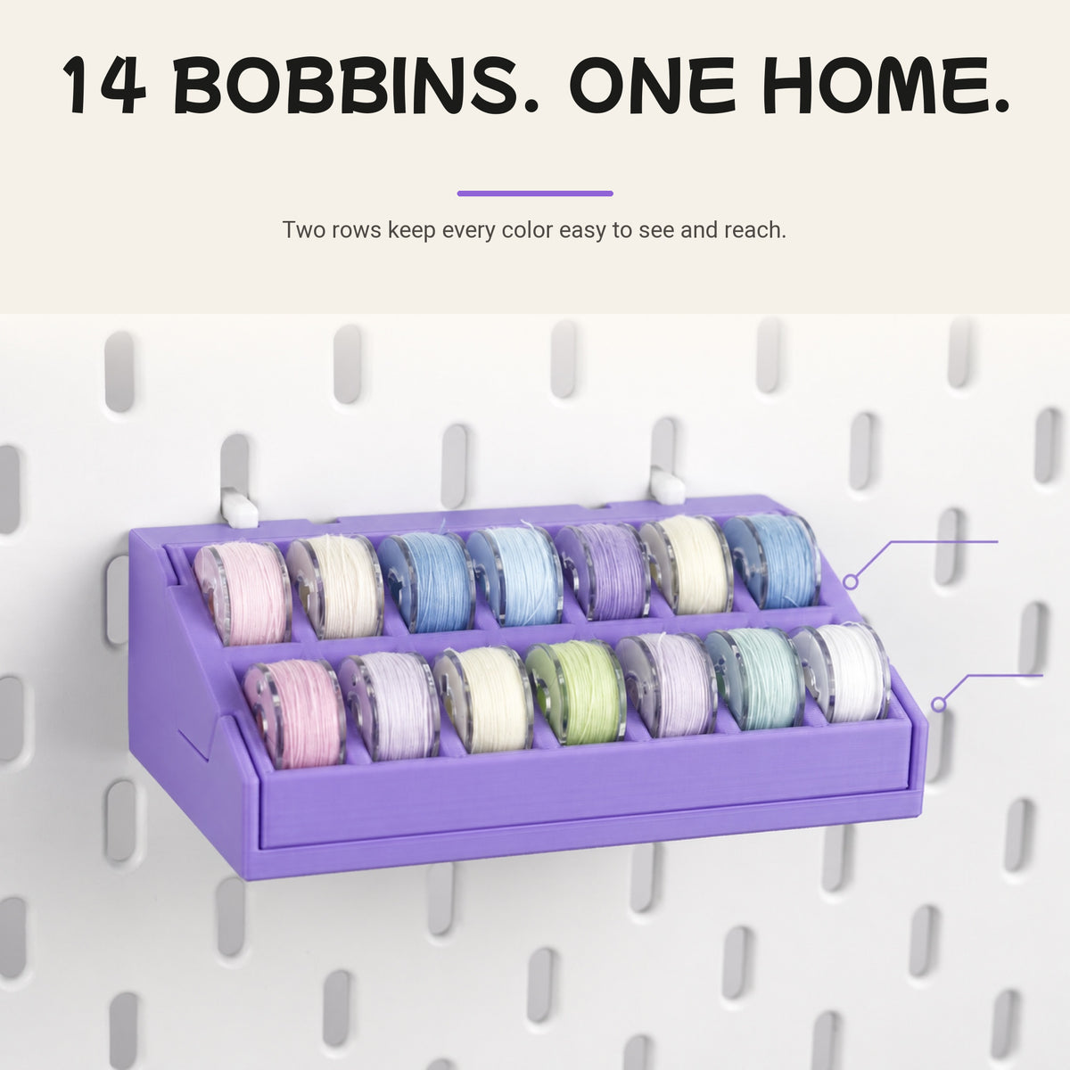 Pegboard bobbin organizer holding 14 sewing bobbins in two visible rows