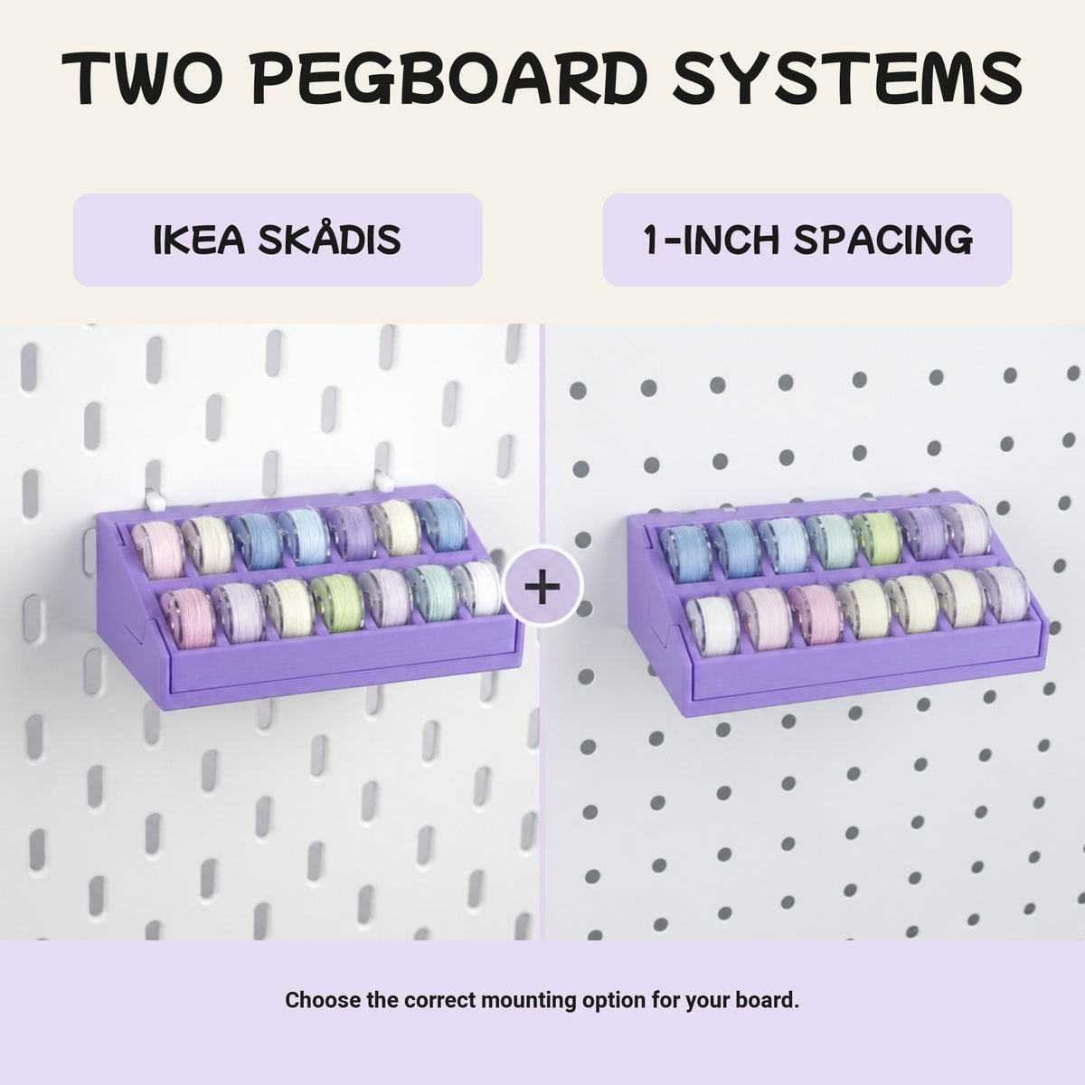 Bobbin organizer mounting options for IKEA SKÅDIS and 1-inch spacing pegboards