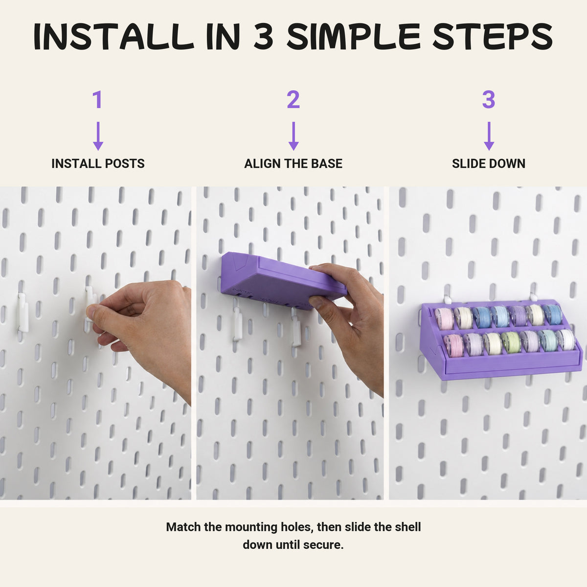 Three-step installation of the bobbin organizer using posts, alignment and a downward slide