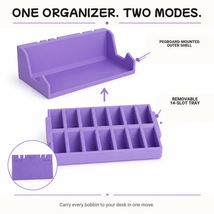 Pegboard-mounted outer shell and removable 14-slot bobbin tray shown separately