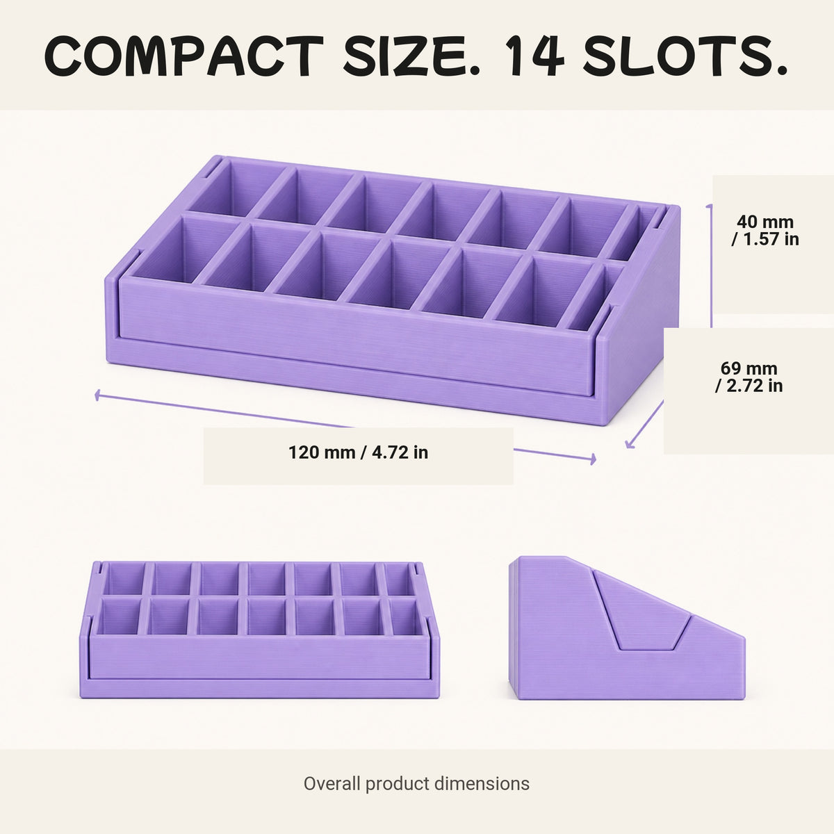 14-slot bobbin organizer dimensions measuring 120 by 69 by 40 millimeters