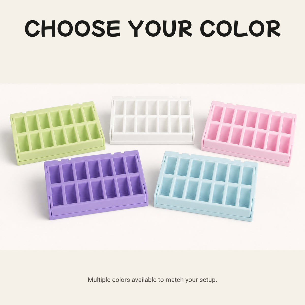 Bobbin organizers displayed in green, white, pink, purple and light blue