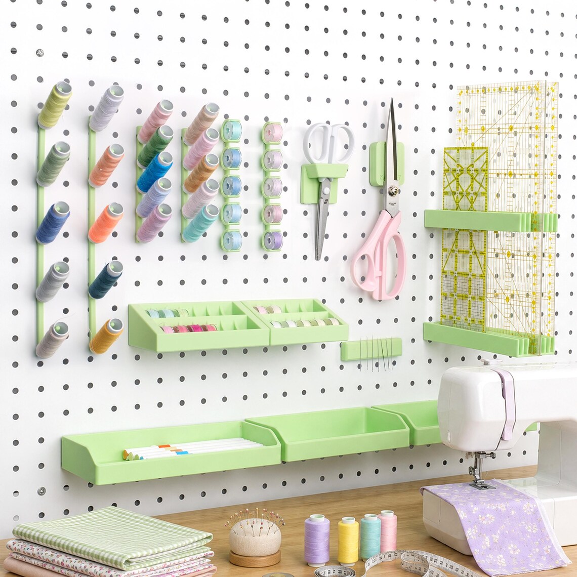 Quilting rulers, scissors, pens, and craft tools organized with pegboard holders