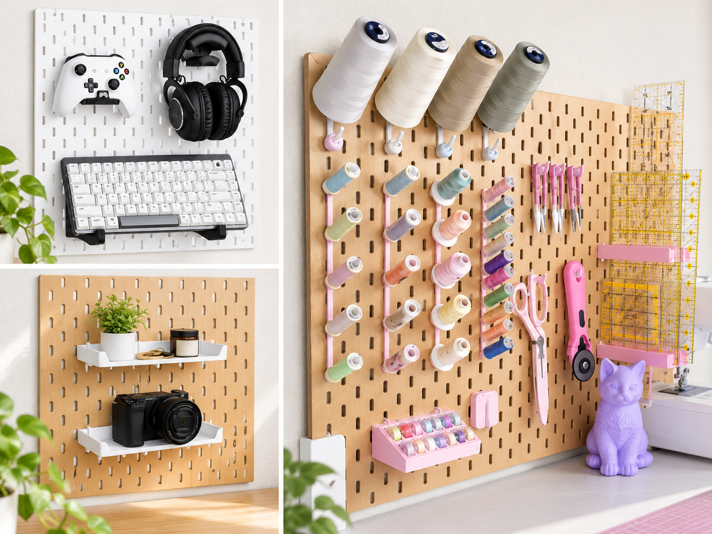 Gaming, sewing and everyday storage setups on white and natural wood pegboards